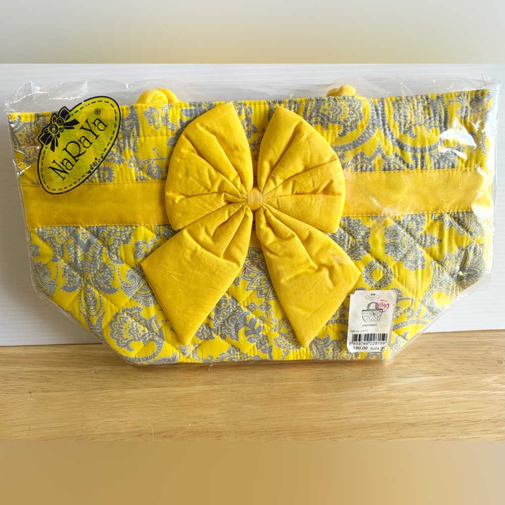 NaRaYa Handbag Yellow & Gray Quilted Paisley Bow Rope Handle BOHO NEW Chic‎